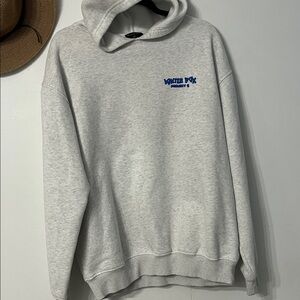 White Fox Boutique Light Gray Hoodie with Blue Chest Logo